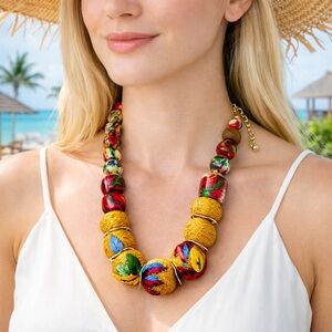 Chico’s Neutral Floral Raffia Bead Statement Necklace Folk Art Resort Boho 21”